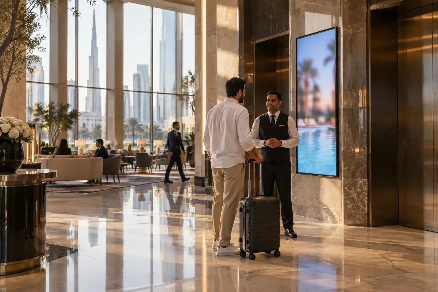 A Dubai hotel lobby with the Burj Khalifa through floor-to-ceiling windows, a staff member greeting a guest with a suitcase beside a portrait screen next to the lifts.