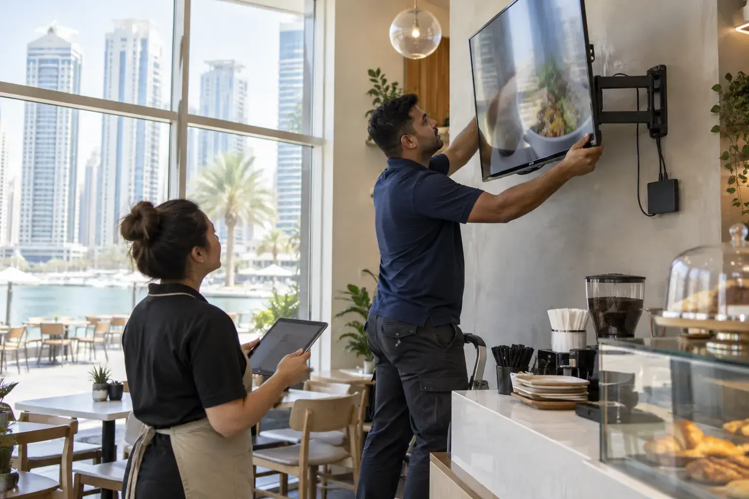 A technician hangs a screen on a wall mount above a café counter by Dubai Marina, a small player box wired beside it, while the café manager watches with a tablet.