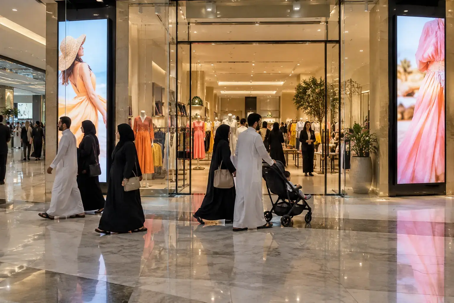 A fashion store entrance in a Gulf mall framed by two tall portrait screens showing summer dresses, families walking past on a marble floor.
