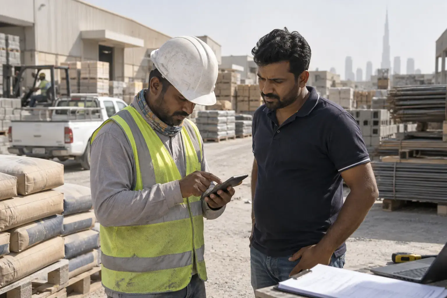 A contractor in a hi-vis vest signs on his phone at a building-materials yard in Al Quoz, Dubai, while a salesman waits beside pallets of cement.