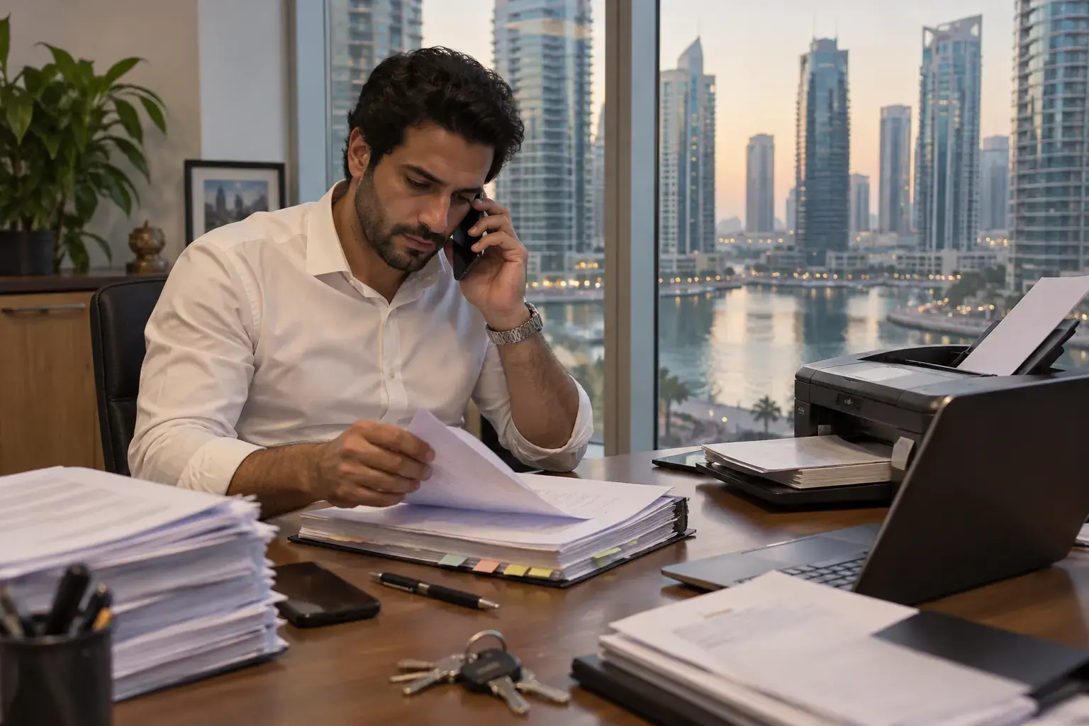 A leasing agent in a Jumeirah Lakes Towers office at dusk, on the phone while leafing through a thick printed tenancy contract, with a scanner, keys and stacks of forms on his desk.