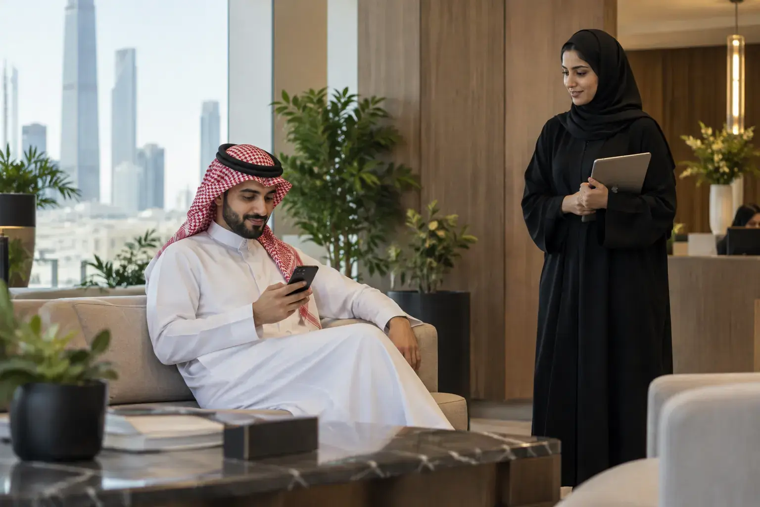 A candidate in a white thobe reads on his phone in the reception of an Olaya office in Riyadh while an HR officer in an abaya waits with a tablet.