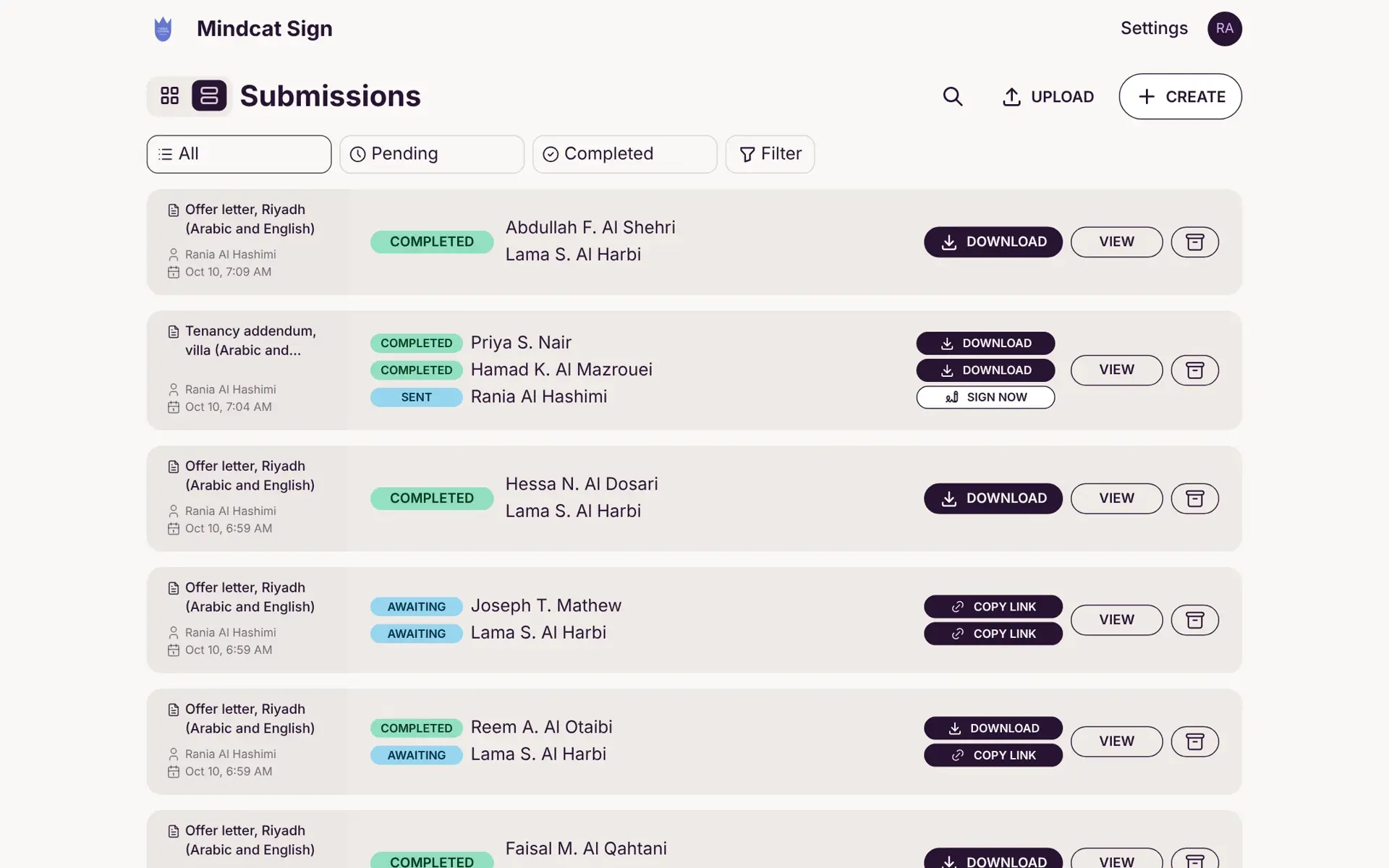Documents list with tenancy addenda and offer letters, each showing its signers with a status of Completed, Sent or Awaiting.
