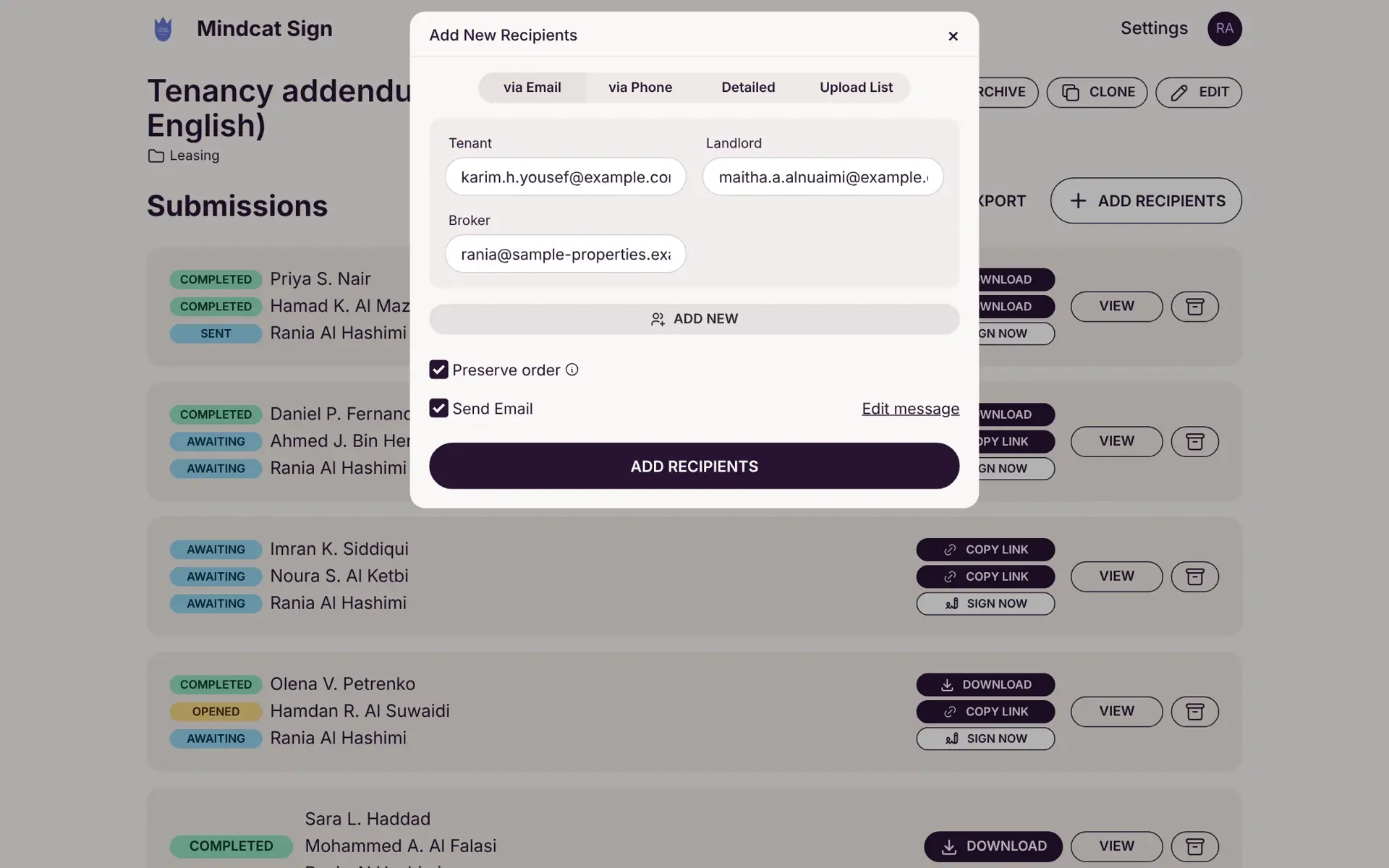 The send screen with three recipients, Tenant, Landlord and Broker, each with an email address, the preserve order option and the send email option.