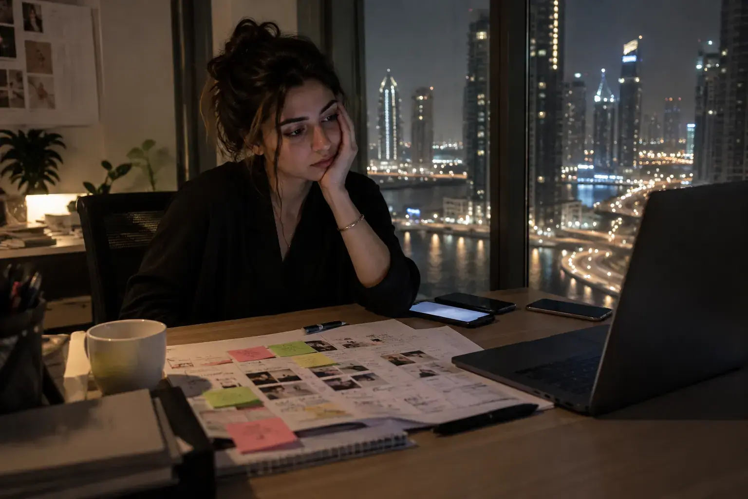 A tired account manager sits alone at a desk at night in a Business Bay office, two phones beside a printed content calendar covered in sticky notes, the lit towers of Dubai behind her.