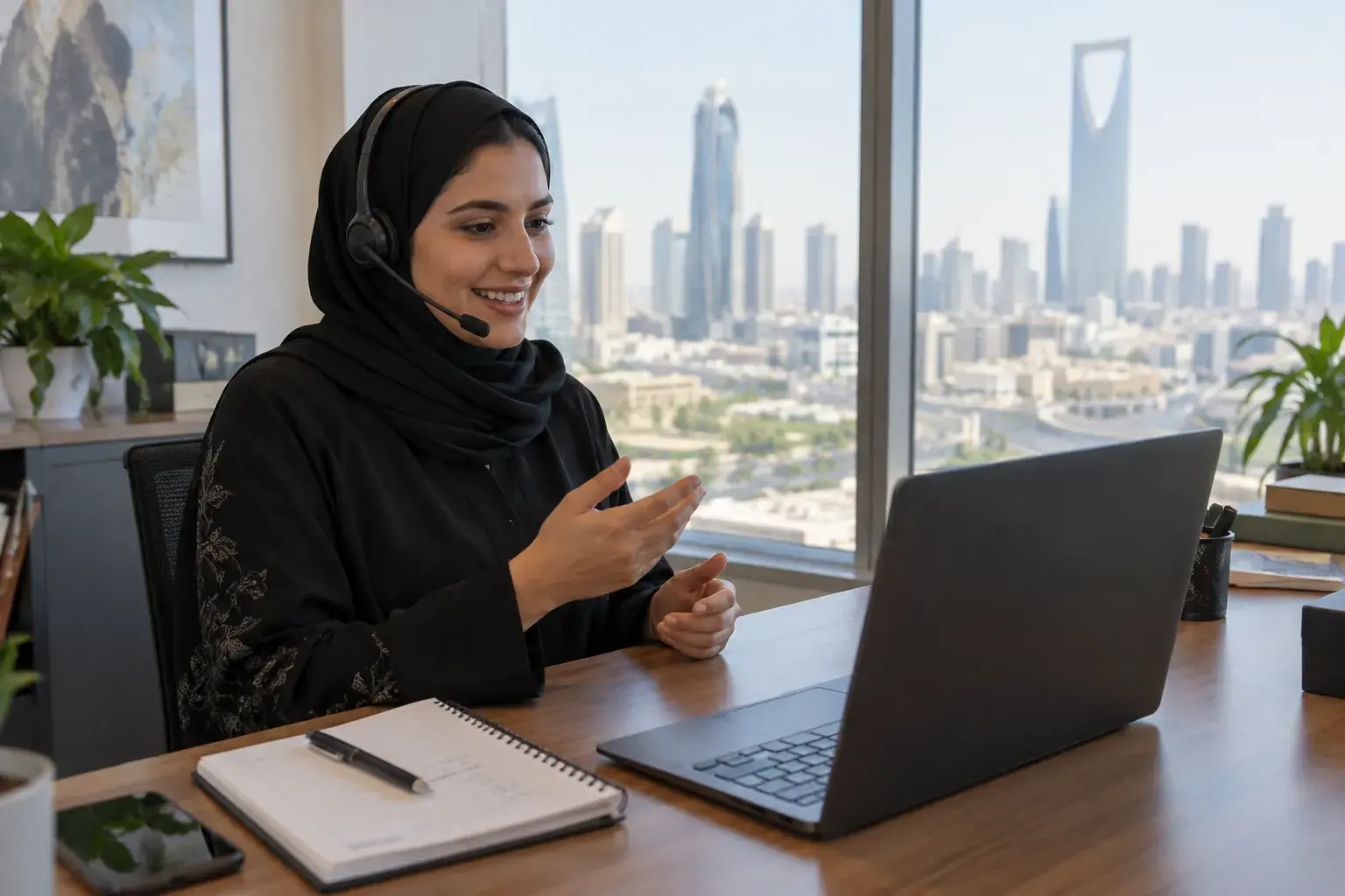 A marketing manager in a hijab and headset smiles during a video call at a tidy desk in a Riyadh office, the city skyline behind her.