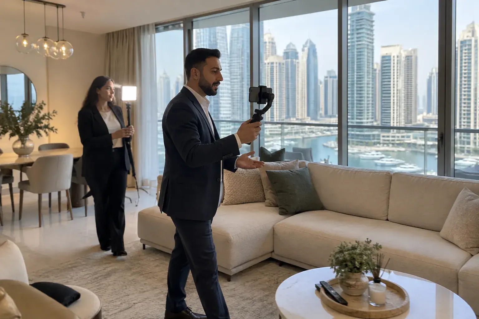 A real estate agent films a video tour with a phone on a gimbal in a furnished Dubai Marina apartment while a colleague holds a light, towers and the marina behind the windows.