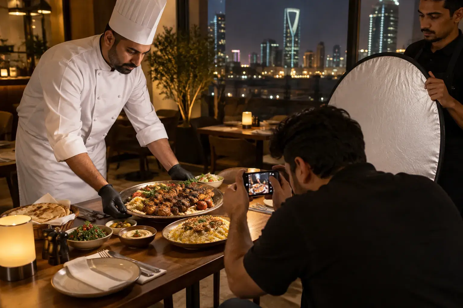 A content creator photographs a mixed grill platter with his phone at a restaurant in Al Olaya, Riyadh, while the chef places the last dish and a colleague holds a reflector.