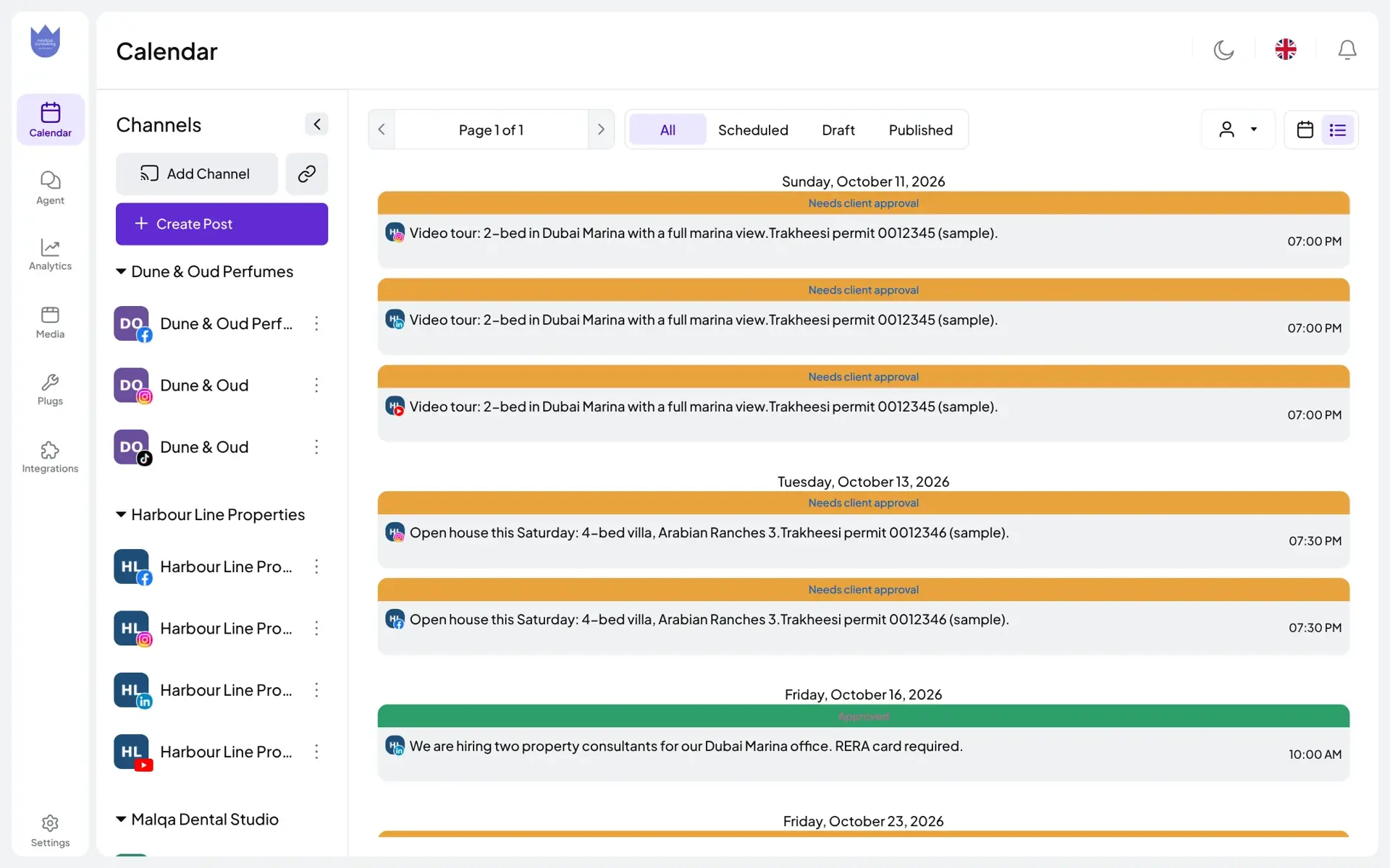 Mindcat Social list view filtered to the sample client Harbour Line Properties: video tours of a 2-bed in Dubai Marina with a Trakheesi permit line, tagged Needs client approval, an open house in Arabian Ranches and a hiring post, with dates and times.