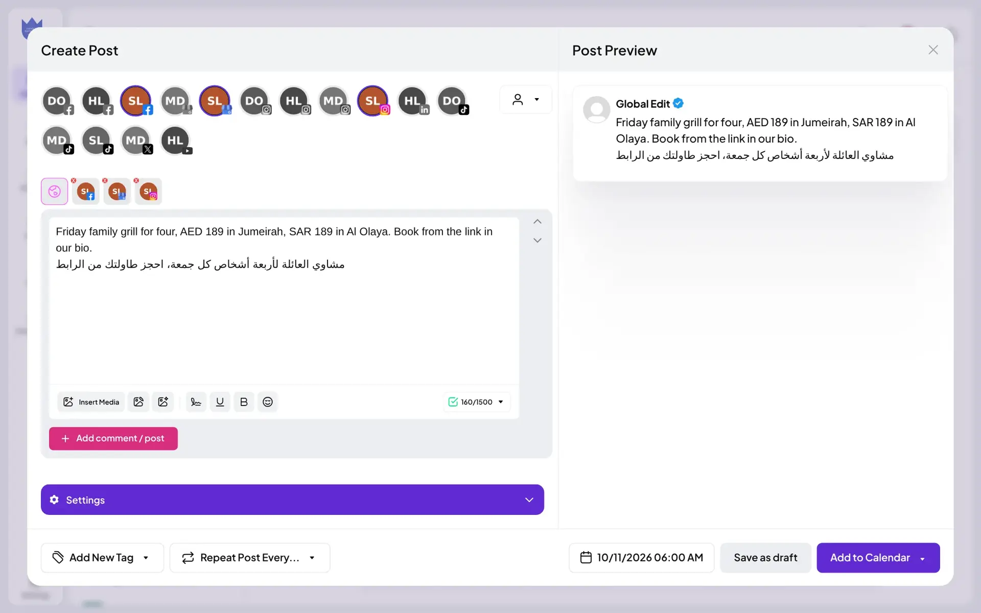 Mindcat Social Create Post window: three Saffron Lane Kitchen channels selected among fifteen client channels, an English and Arabic caption about a Friday family grill in Jumeirah and Al Olaya, the live preview, tag and repeat options and the Add to Calendar button.