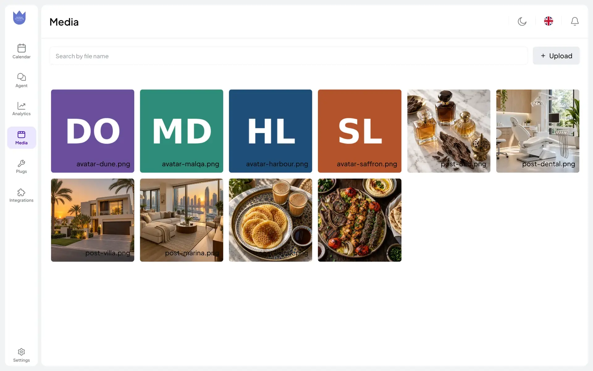Mindcat Social media library with sample client avatars and post photos: perfume bottles with oud, a dental treatment room, a family villa, a Dubai Marina apartment, karak tea with chebab and a mixed grill.