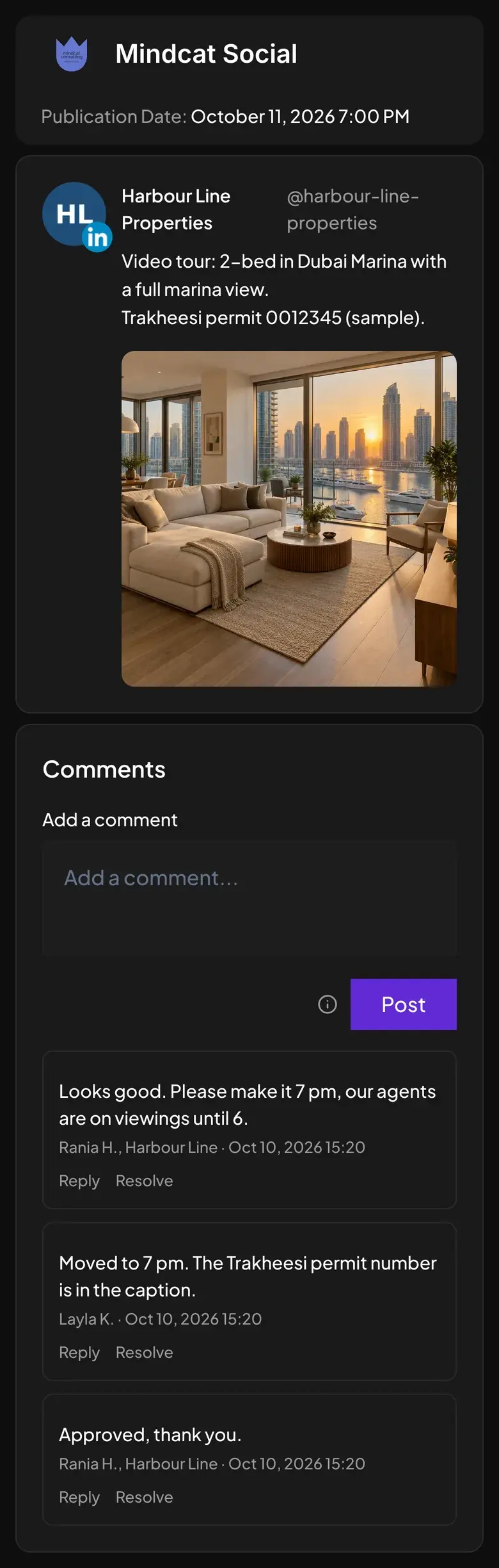 Mindcat Social preview link on a phone: a Harbour Line Properties LinkedIn post with a Dubai Marina apartment photo and Trakheesi permit line, and three comments: the client asks for 7 pm, the agency confirms the move, and the client approves.