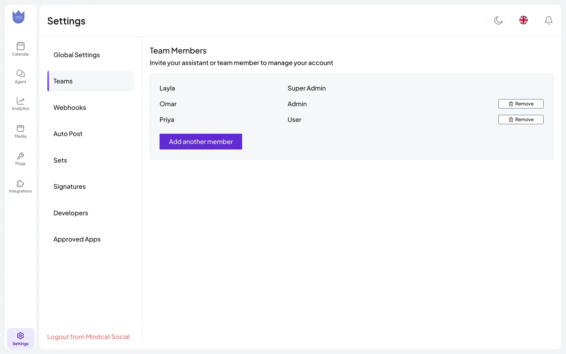 Mindcat Social settings, Teams: three sample members, Layla as super admin, Omar as admin and Priya as user, with an Add another member button.
