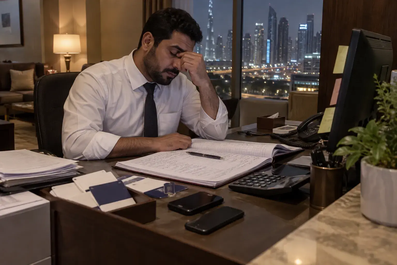 A tired hotel apartment manager rubs his eyes over an open ledger, two phones and a calculator, the Dubai skyline lit behind him.