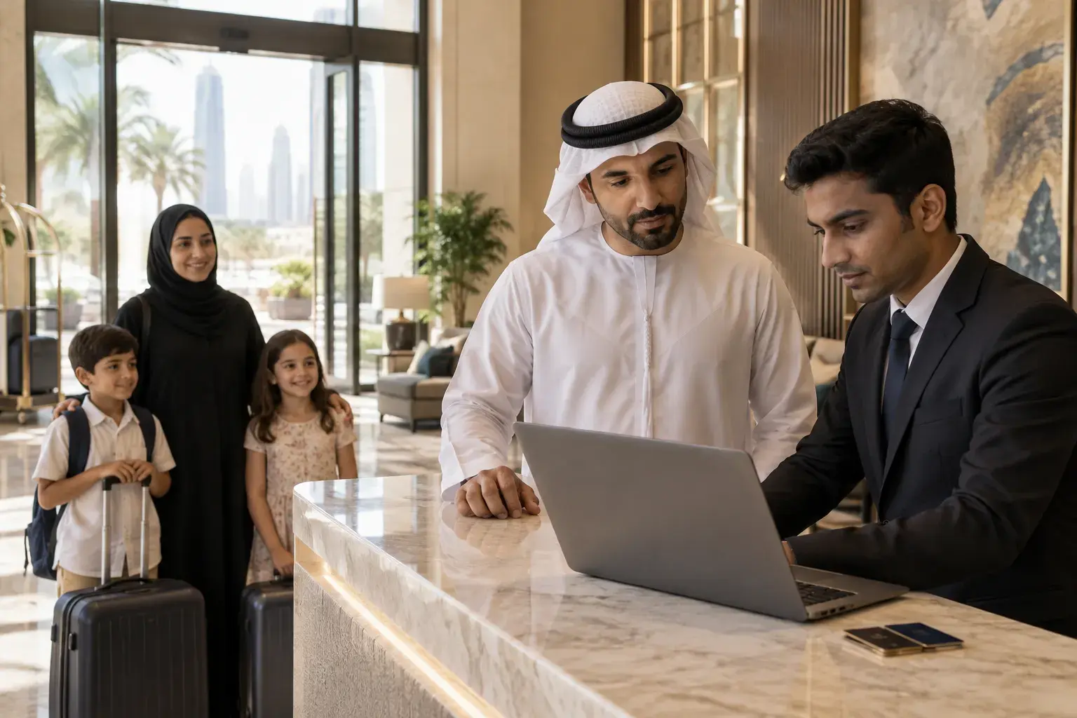 An Emirati duty manager and a front desk agent look at a laptop on a marble counter while a mother in an abaya waits with two children and suitcases in a Dubai lobby.