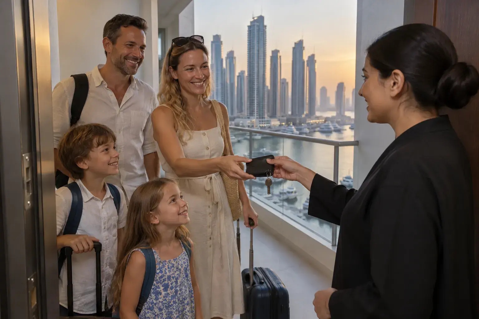 A holiday home host in a black suit hands a key card to a smiling family with suitcases in an apartment hallway, Dubai Marina towers behind the window.