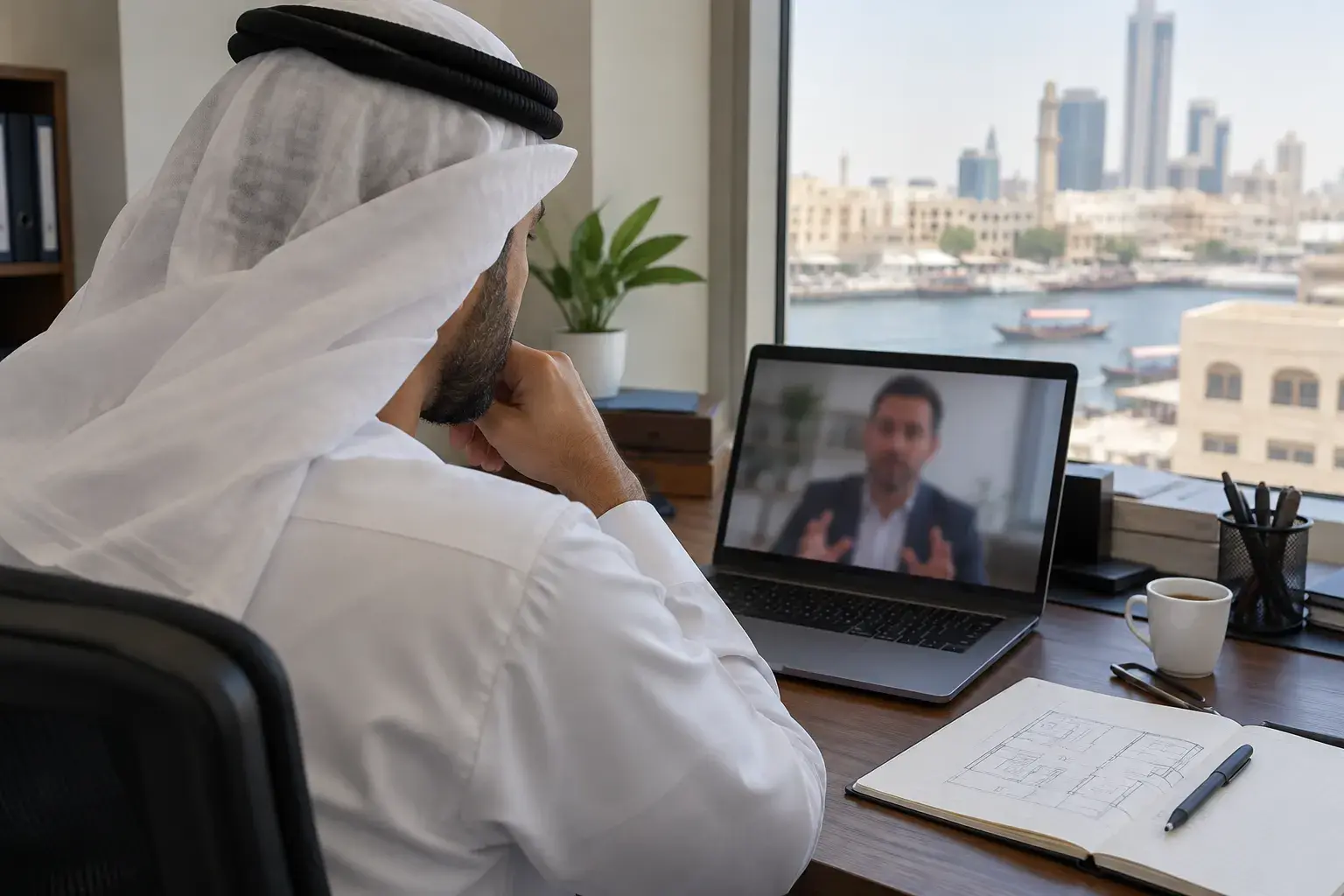 An Emirati owner in a ghutra listens to a manager on a video call from a desk overlooking Dubai Creek and the dhows in Deira.