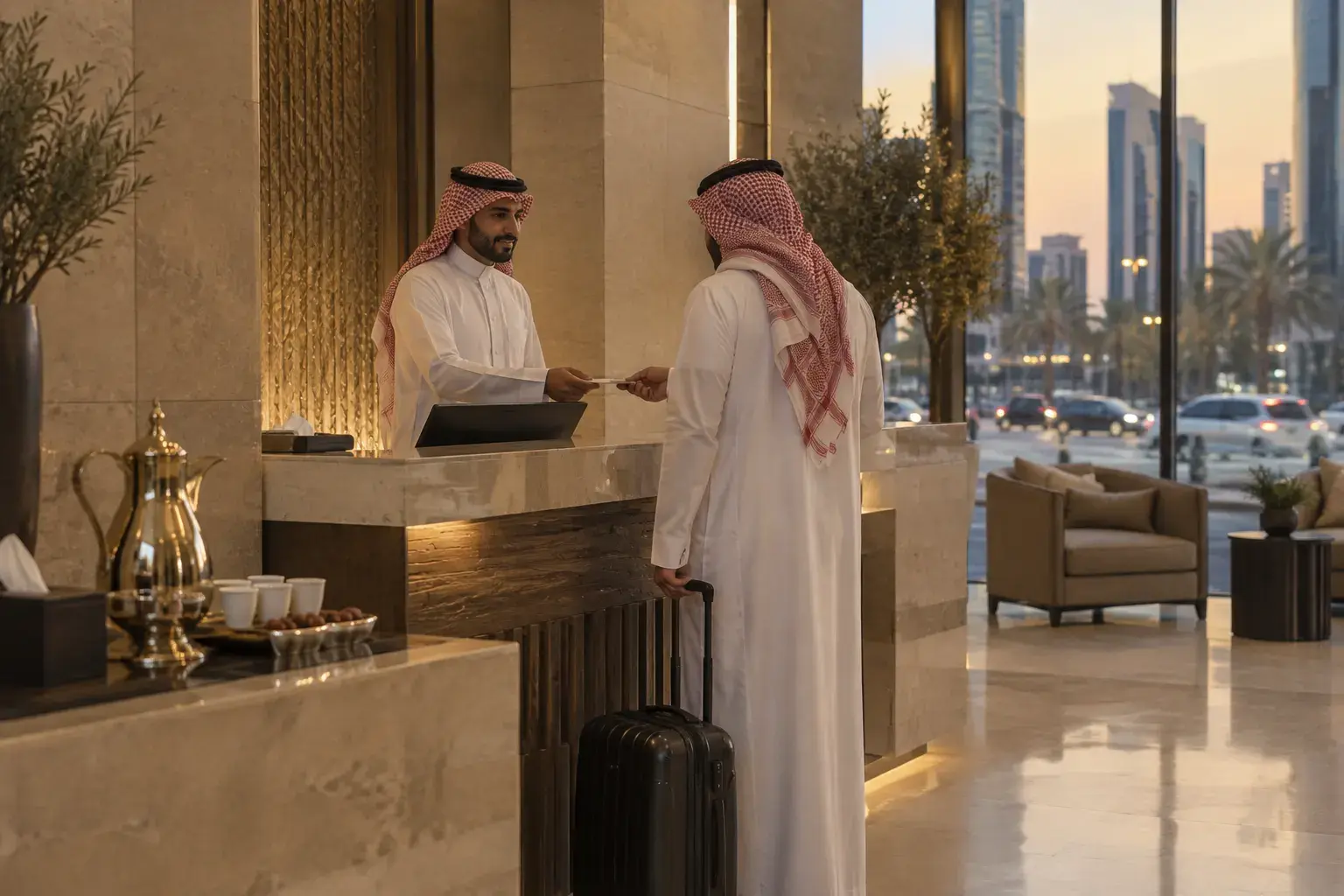 A Saudi receptionist in a shemagh hands a key card across the marble counter to a guest in a thobe in the lobby of a furnished apartment building in Riyadh, a dallah of coffee on the counter.