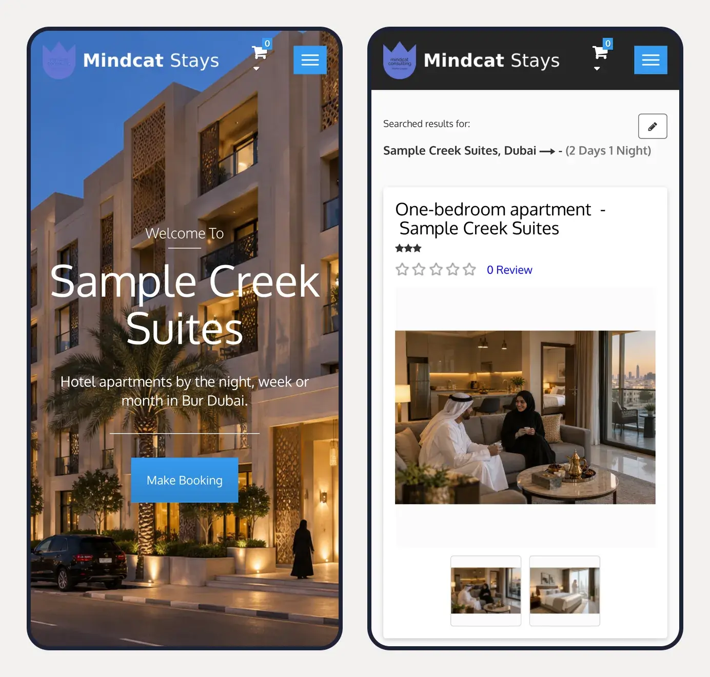 Two phone screens of the Mindcat Stays booking site: the Sample Creek Suites home page with a Make Booking button, and the one-bedroom apartment page with photos for a two-day, one-night search.