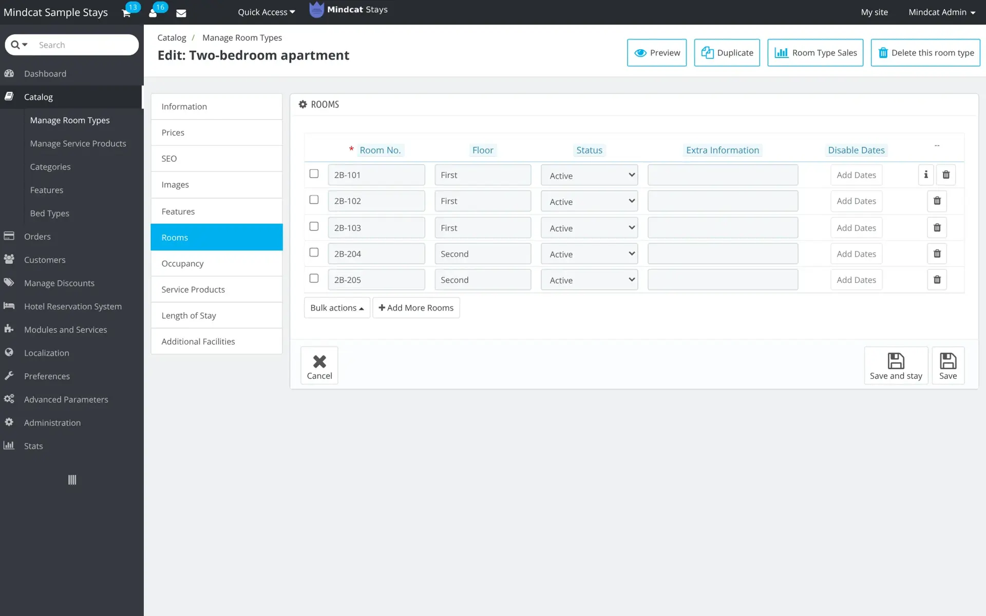 Mindcat Stays room type page for a sample two-bedroom apartment listing five units, 2B-101 to 2B-205, on the first and second floors, each active with a field for disable dates.