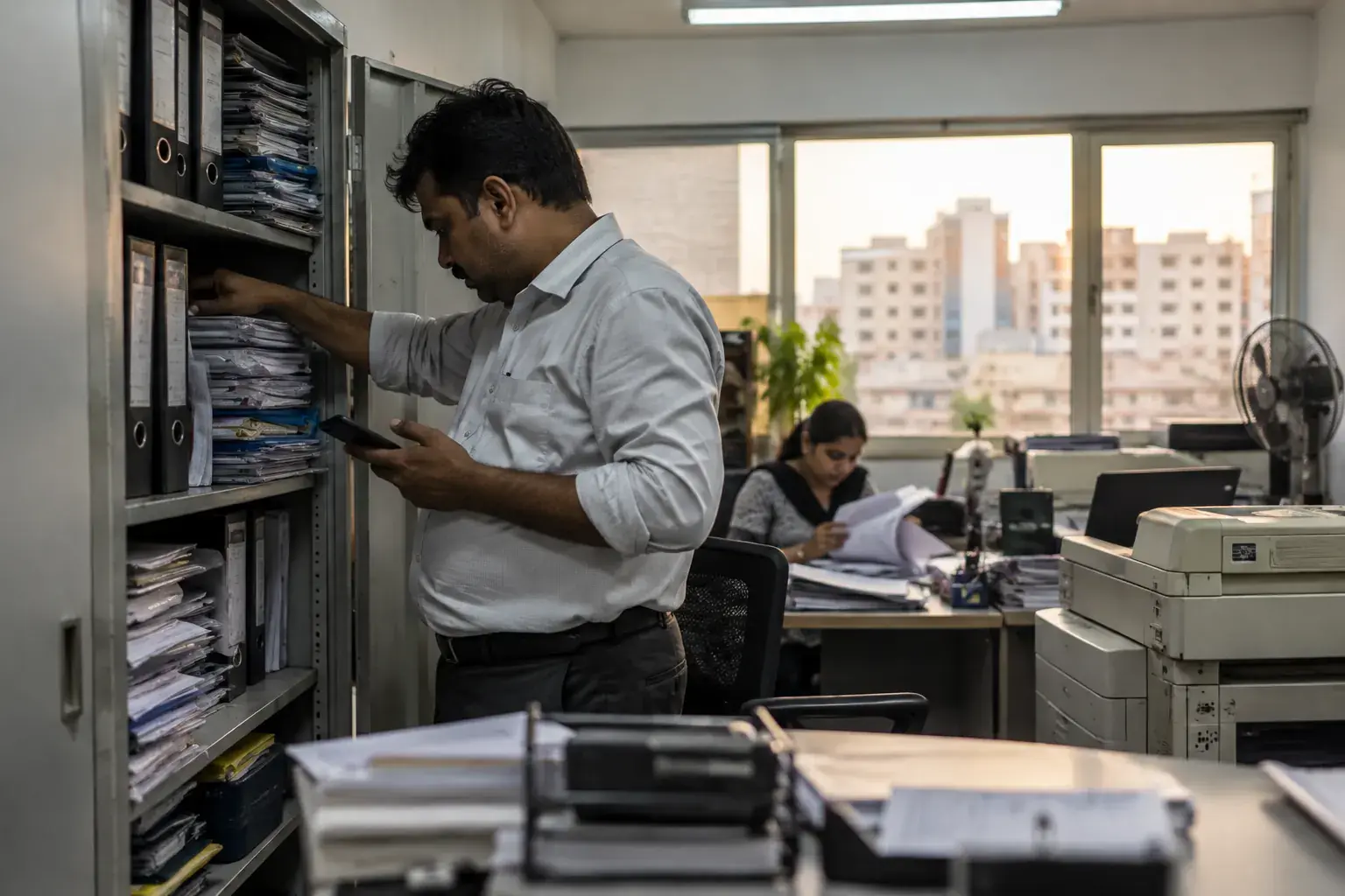 An office manager in a Karama office searches a metal cabinet crammed with ring binders while holding his phone, a colleague flipping through photocopies behind him.