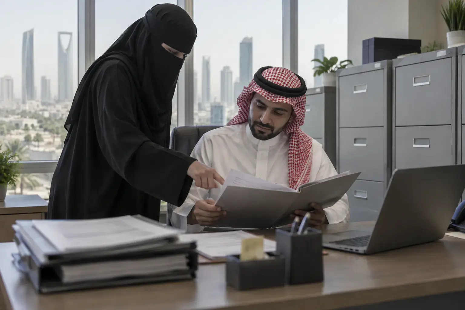 A Saudi HR officer in a thobe and shemagh checks an employee folder at his desk in Olaya, Riyadh, while a colleague in an abaya points at it, grey filing cabinets behind them.