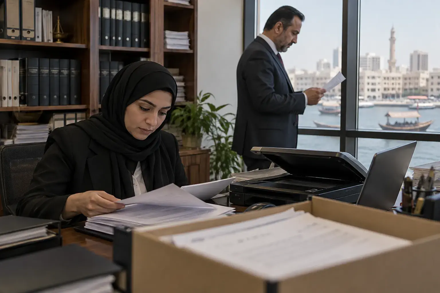 A paralegal in a hijab works through an open box of documents beside a scanner in a Deira law office, a senior lawyer reading by the window over the Creek.