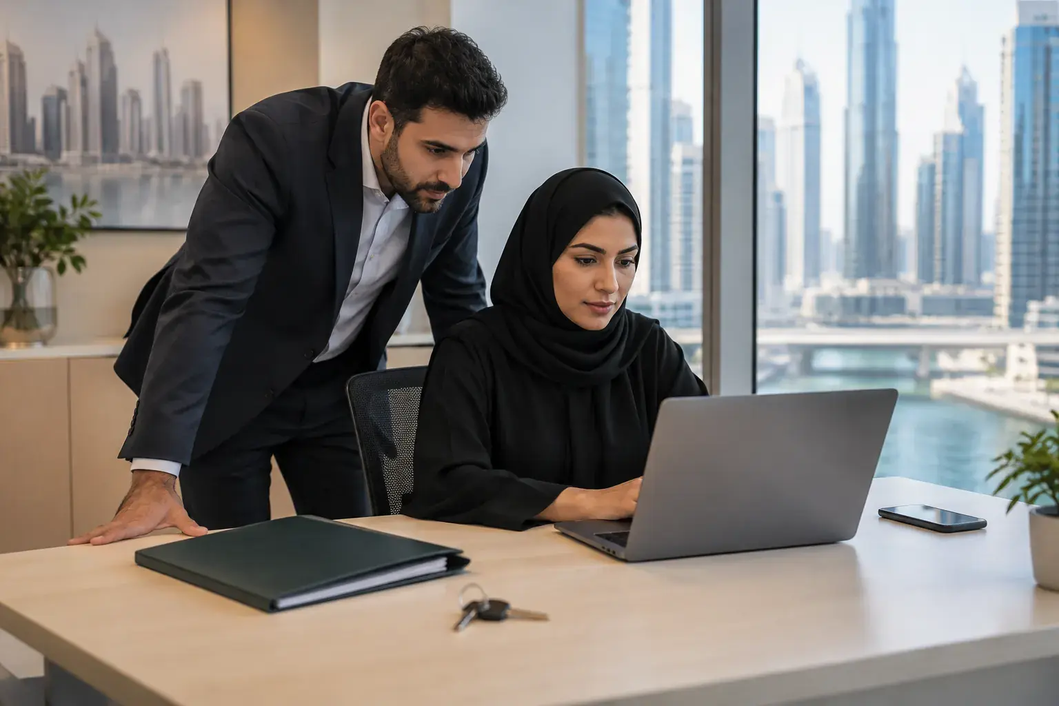 A leasing manager in a Business Bay office works at a laptop with a colleague leaning in, a tenancy folder and a set of keys on the desk.