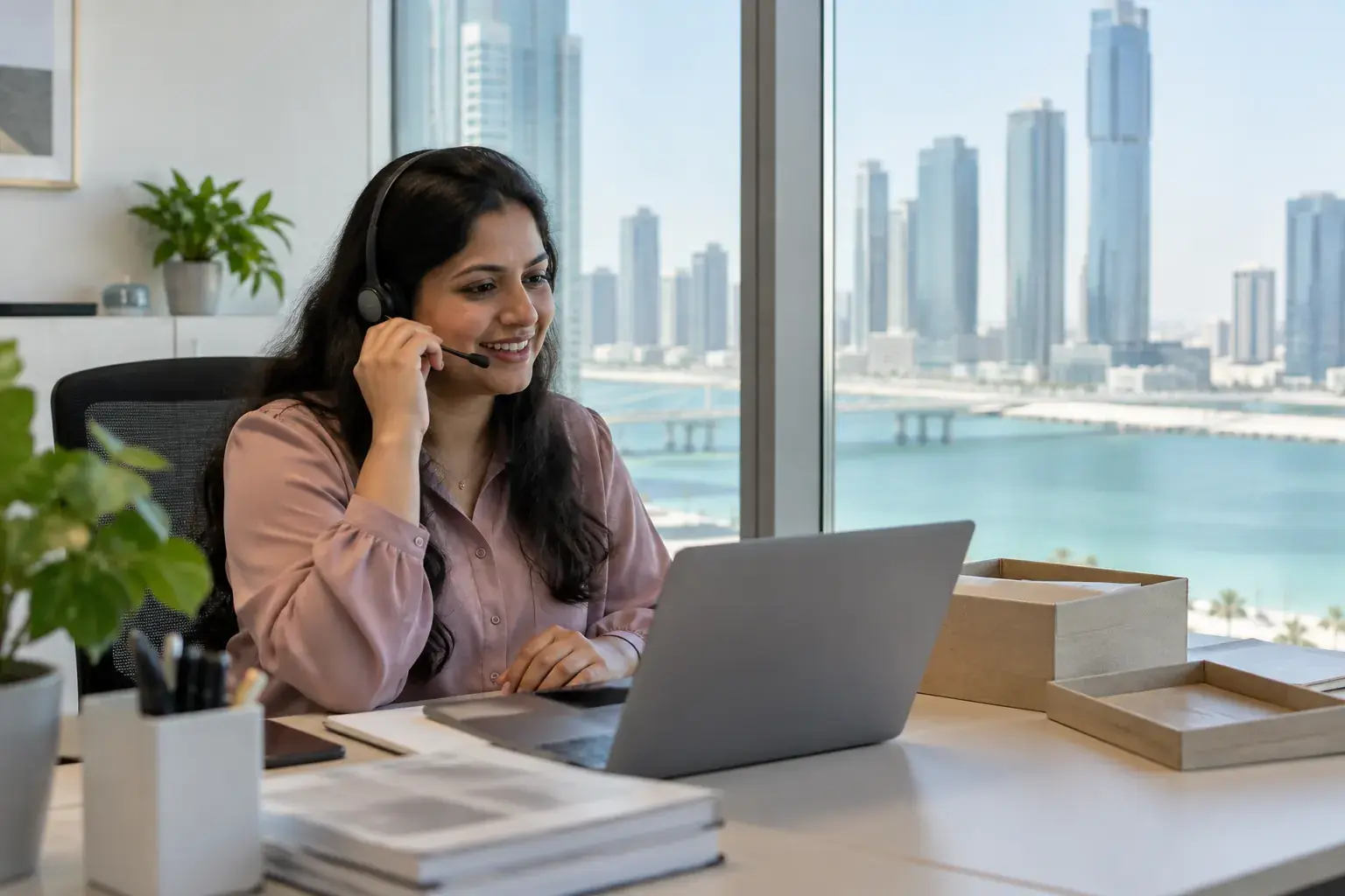 A setup specialist wearing a headset smiles during a call at a tidy desk on Al Reem Island, Abu Dhabi, an open document box beside her laptop.