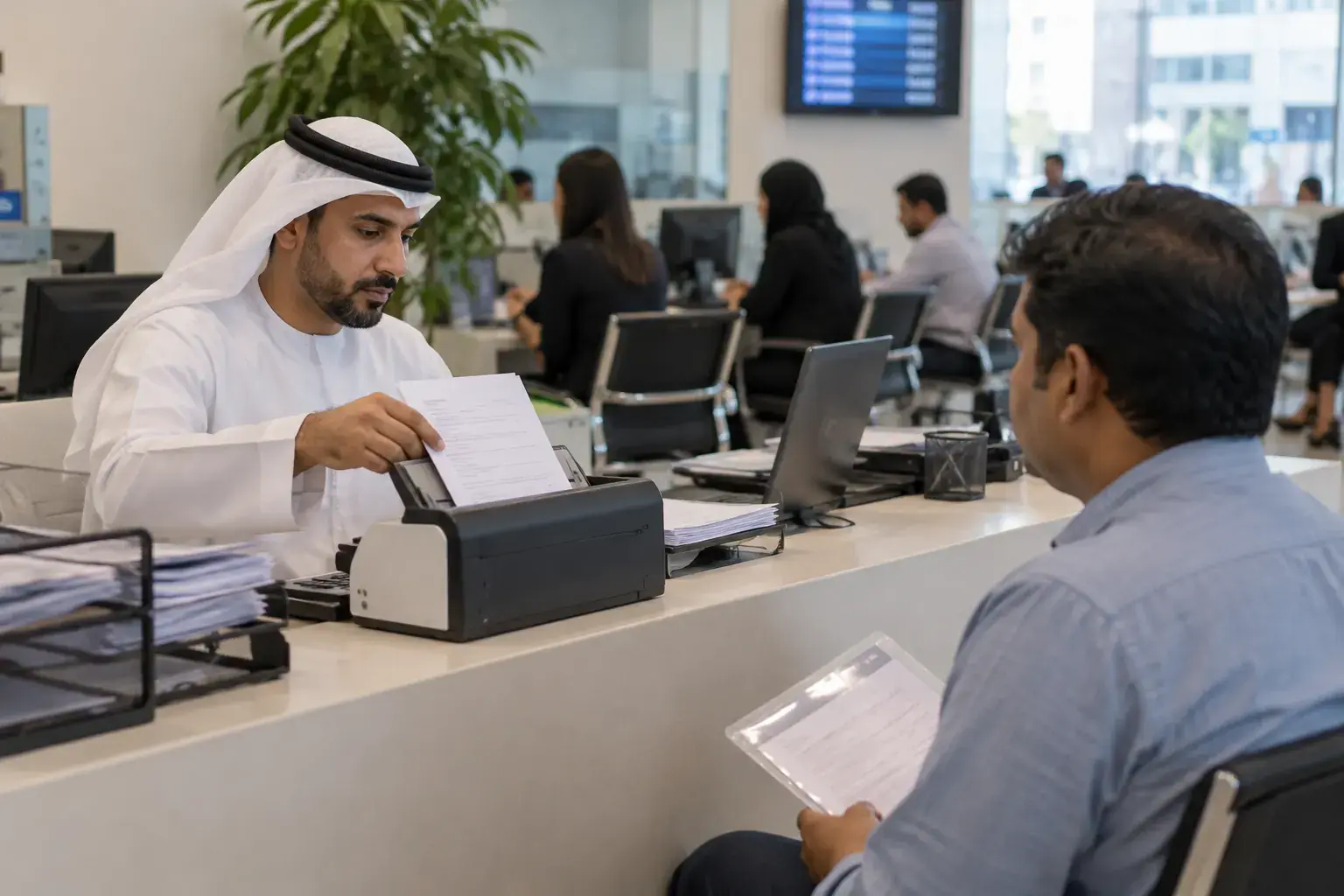 A PRO officer in a white kandura scans documents at a typing centre counter in Al Karama while a customer waits.