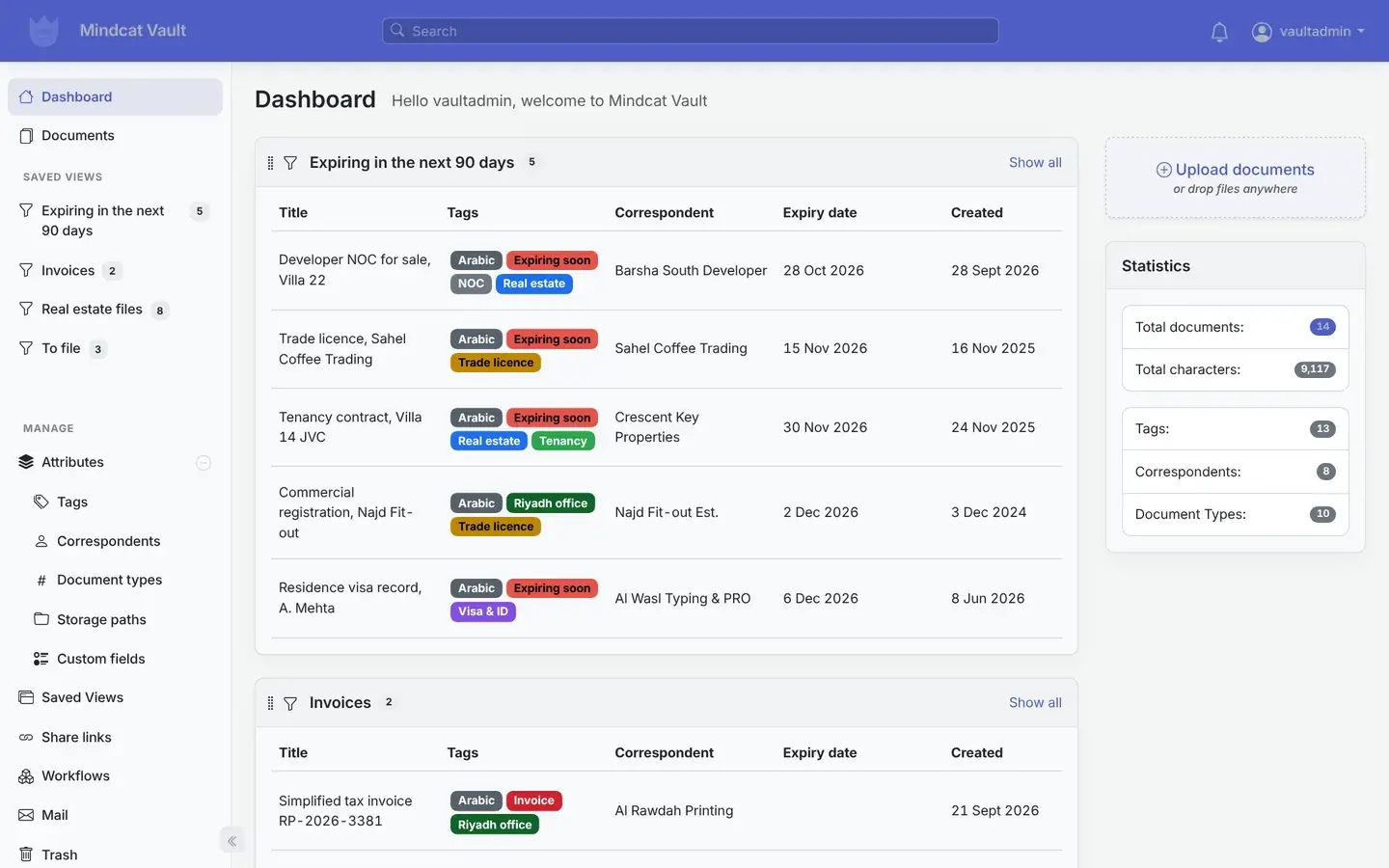 Mindcat Vault dashboard with the saved view Expiring in the next 90 days: Developer NOC for sale Villa 22, trade licence Sahel Coffee Trading, tenancy contract Villa 14 JVC, commercial registration Najd Fit-out and residence visa record A. Mehta, each with its expiry date.