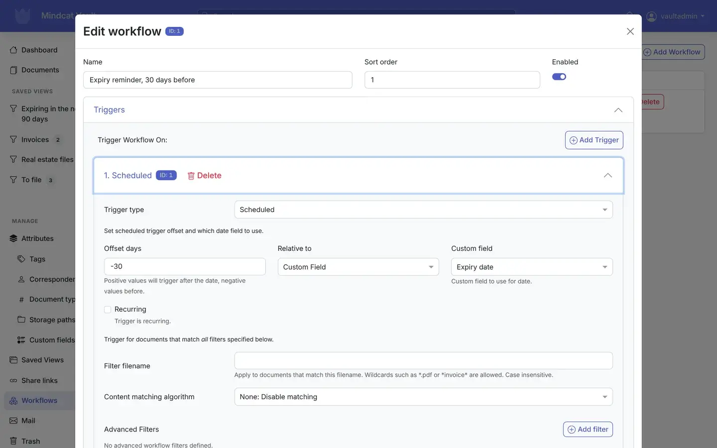 Mindcat Vault workflow editor: the rule Expiry reminder, 30 days before, with a scheduled trigger, offset −30 days, relative to the custom field Expiry date.