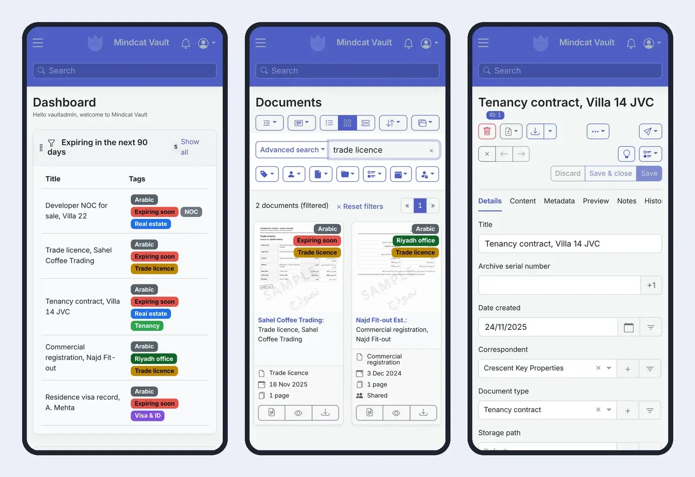 Three phone screens of Mindcat Vault: the dashboard with documents expiring in the next 90 days, search results for trade licence showing two licences, and the details of a sample tenancy contract for Villa 14 JVC.
