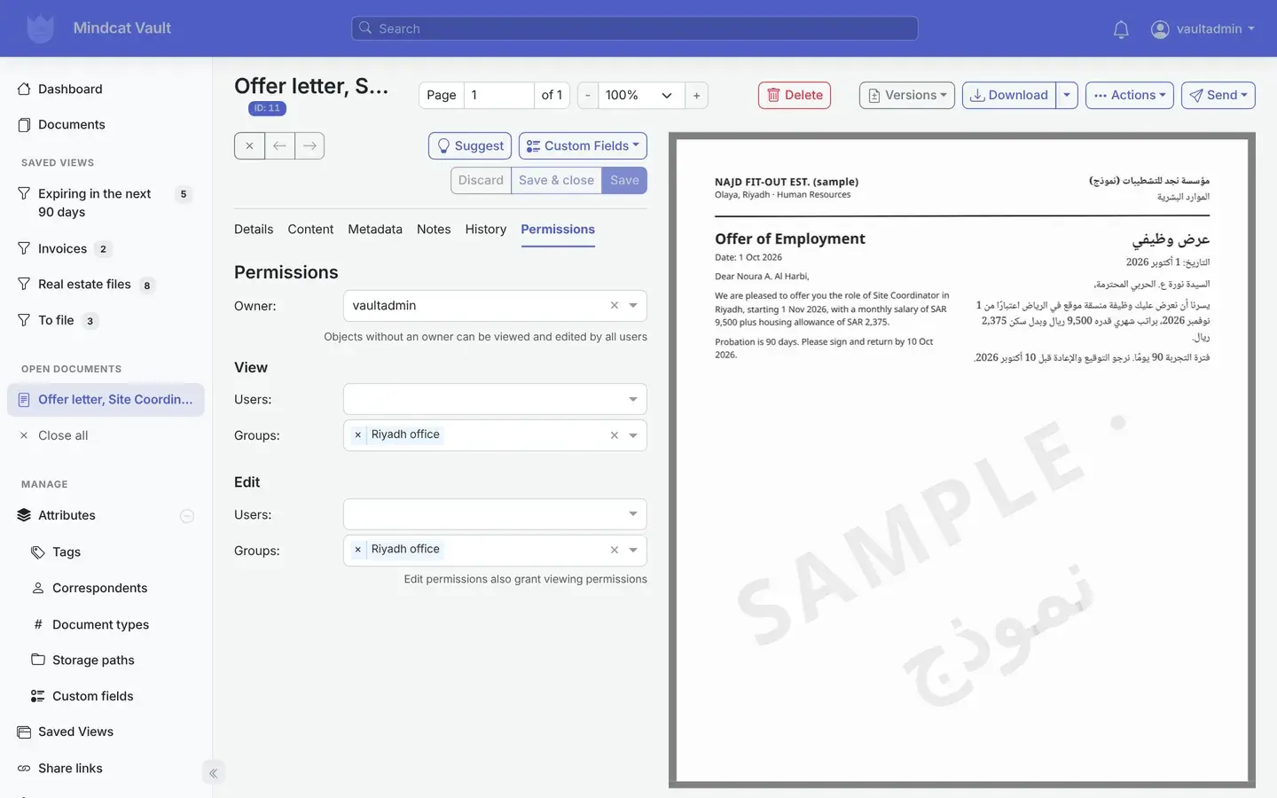 Mindcat Vault permissions tab for a sample offer letter from Najd Fit-out in Riyadh: owner vaultadmin, view and edit granted to the group Riyadh office only.