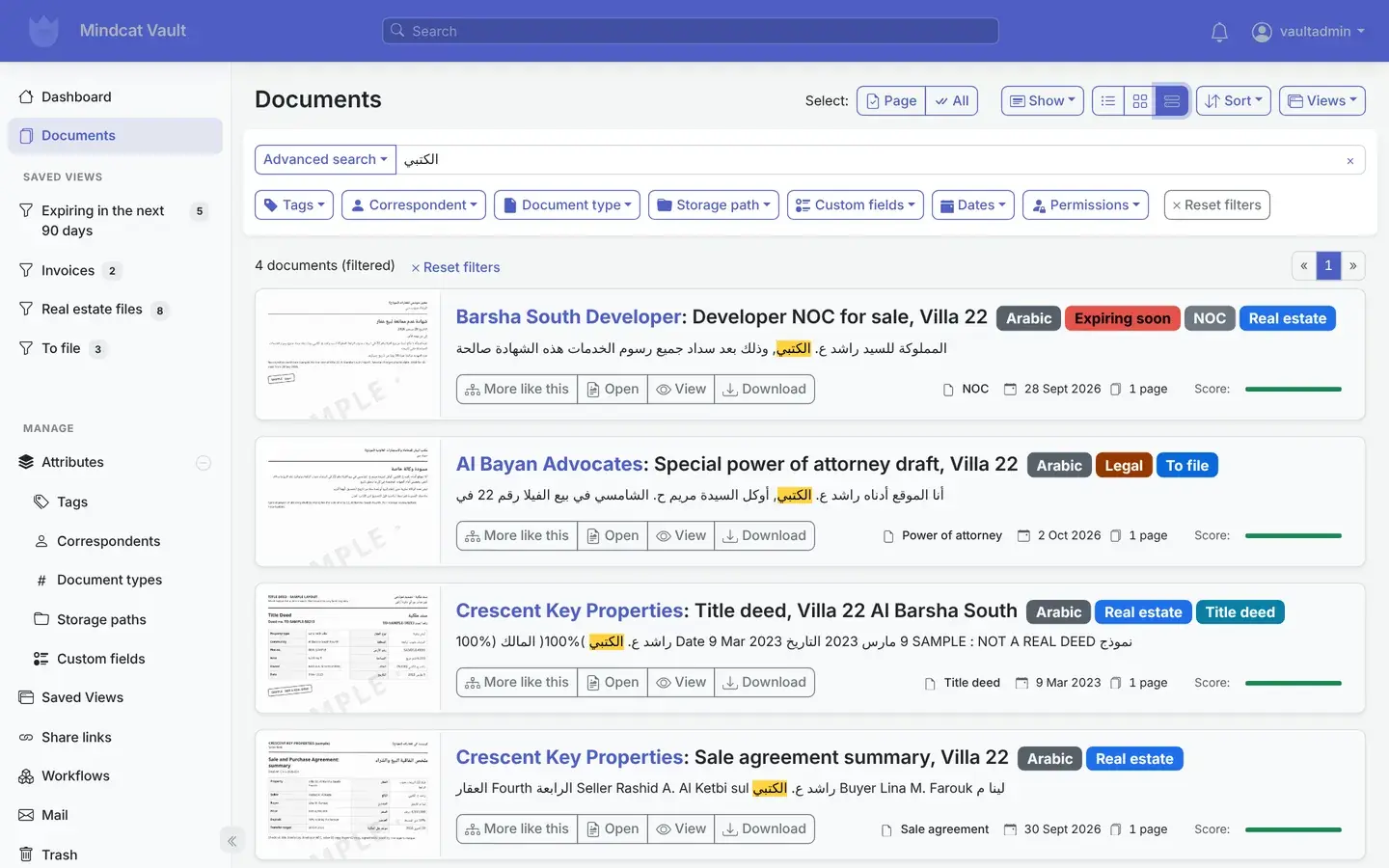 Mindcat Vault search results for the Arabic name الكتبي: four sample documents for Villa 22, an NOC, a power of attorney draft, a title deed and a sale agreement summary, with the name highlighted in the Arabic text.