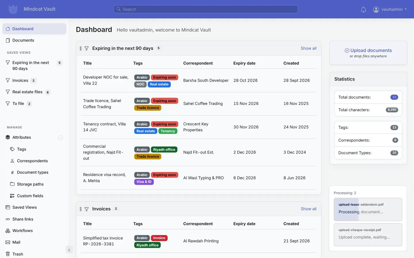 Mindcat Vault dashboard with two sample files uploading, upload-lease-addendum.pdf processing and upload-cheque-receipt.pdf waiting, beside the Expiring in the next 90 days list.