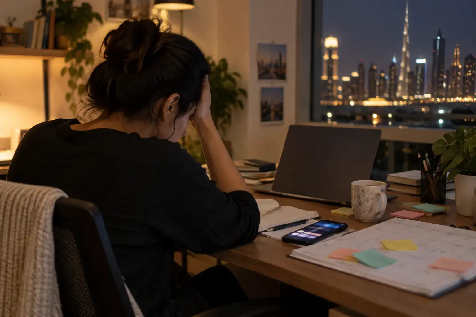 A tired consultant at a home desk in Dubai at night, a phone full of notifications and a printed calendar covered in sticky notes.