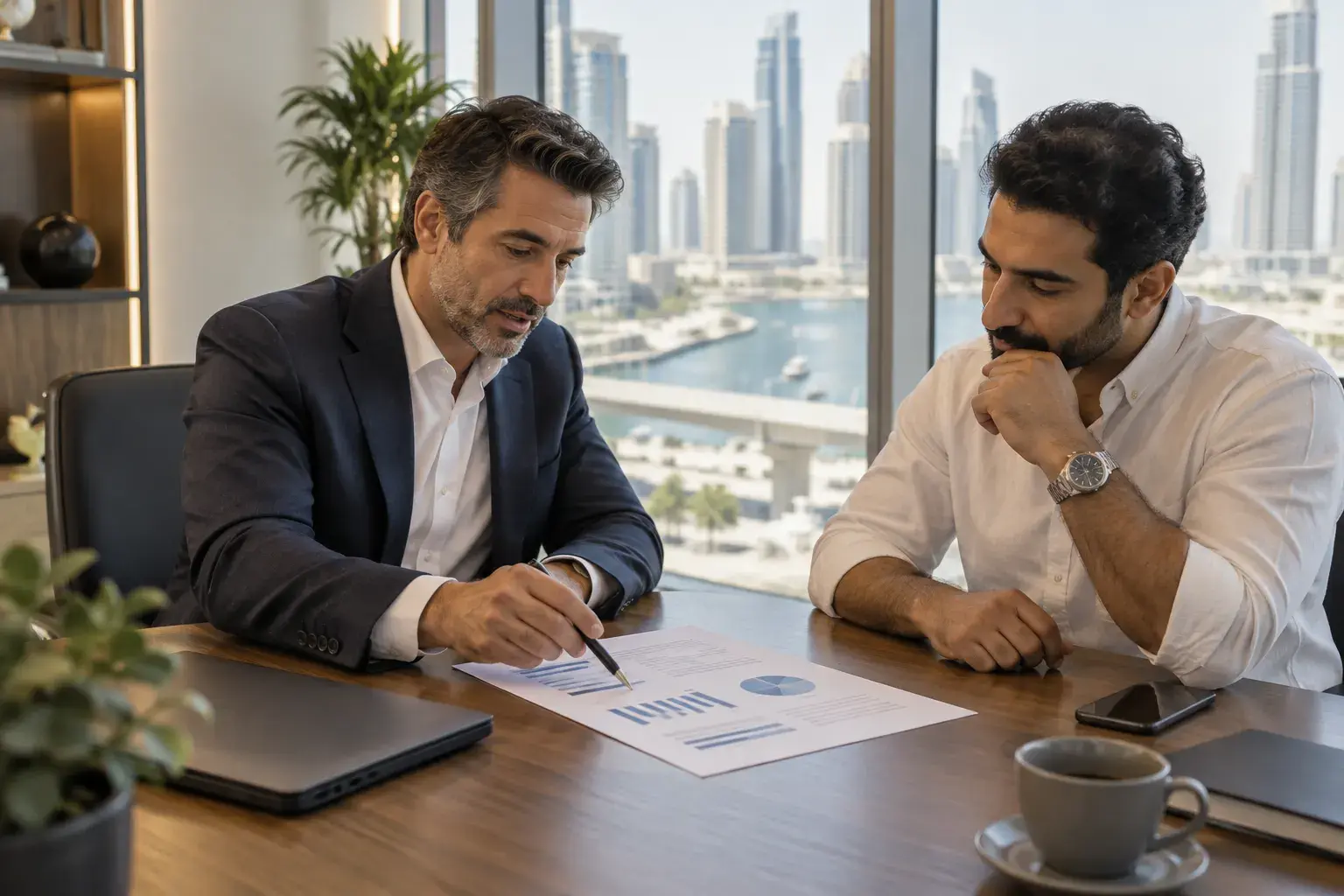A consultant walking a business owner through a one-page plan in a Business Bay office.