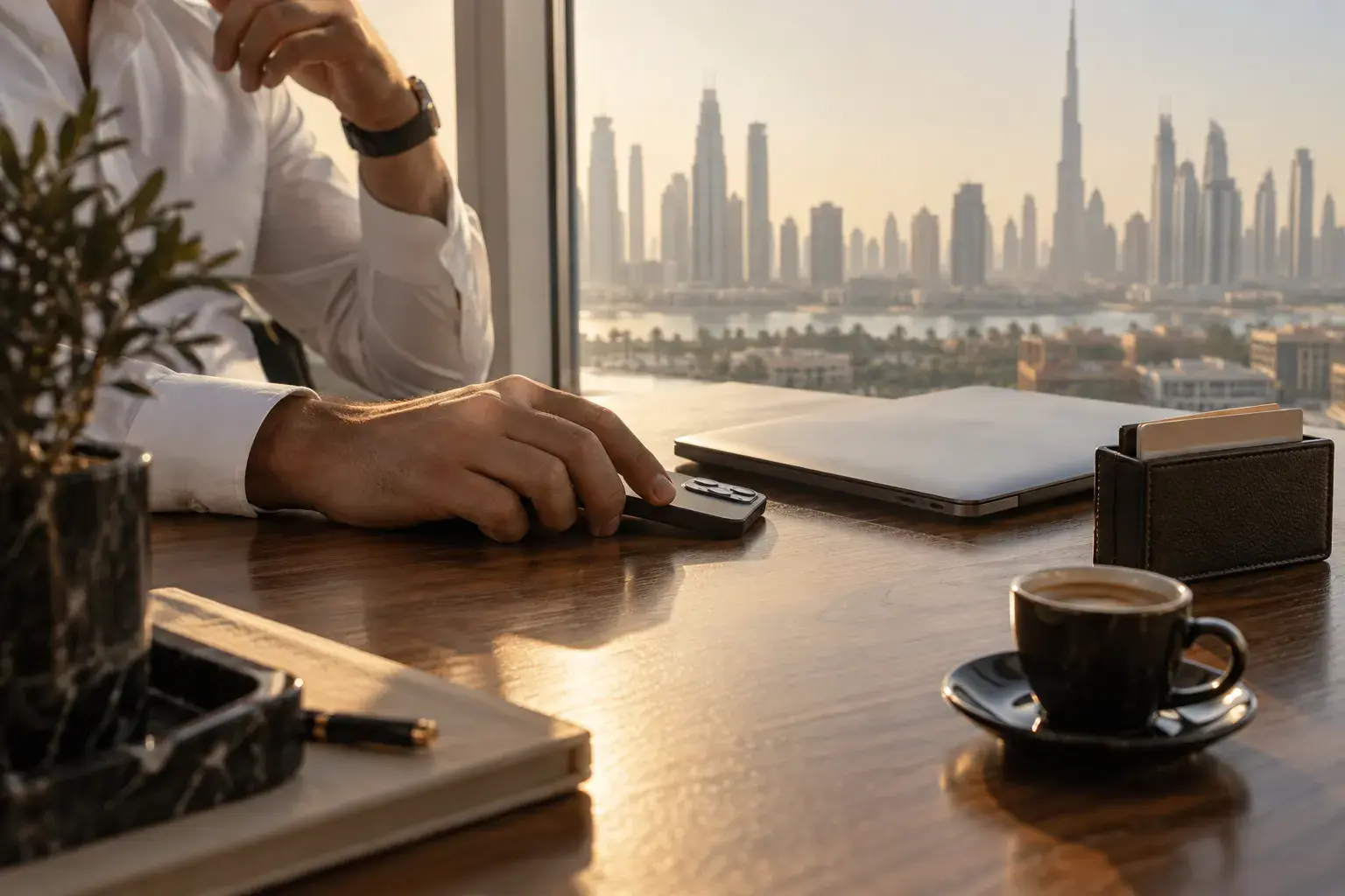A founder’s hand on a phone beside a closed laptop and an espresso, Dubai skyline behind.