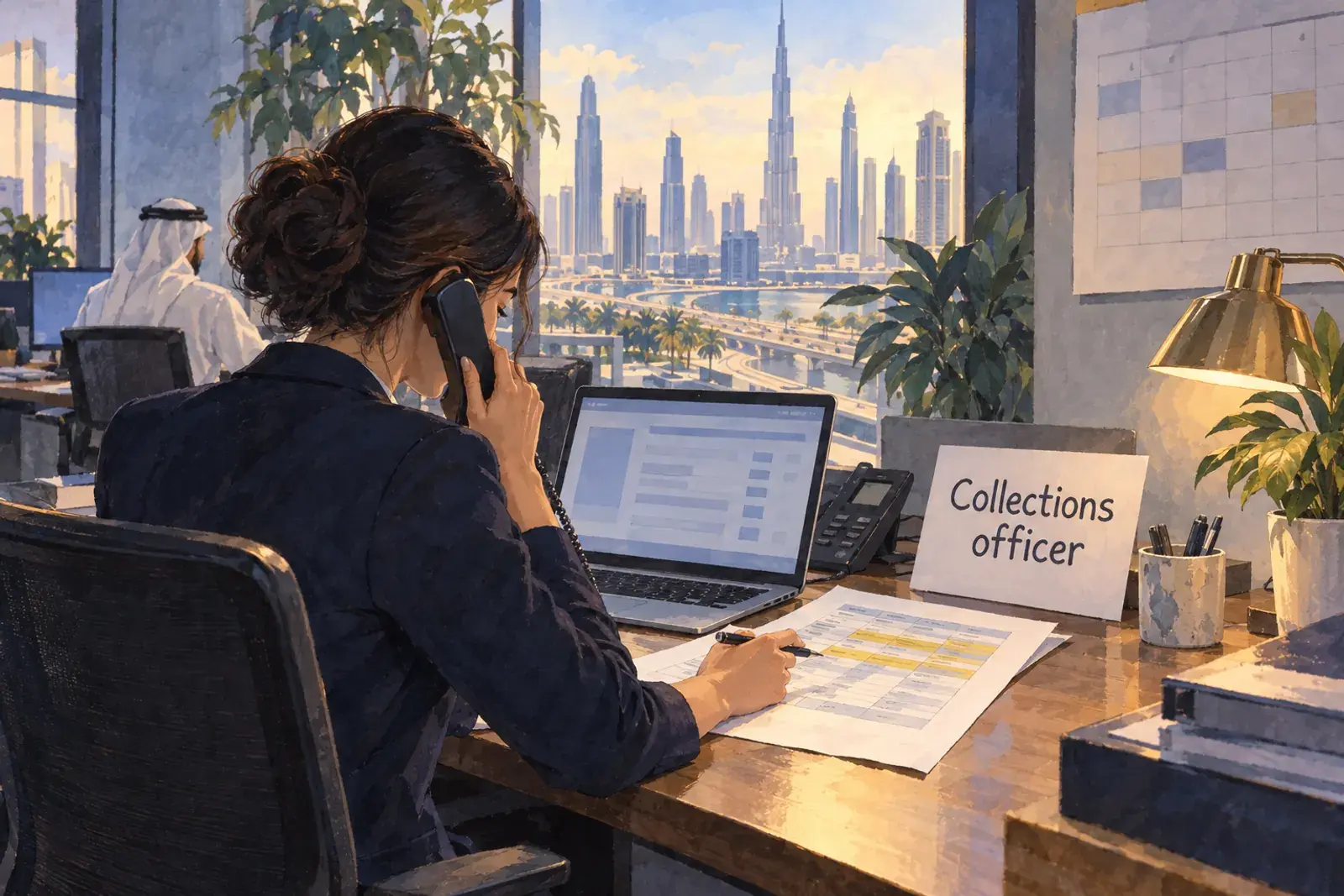 A collections officer at a developer finance desk in Dubai with a payment schedule on the laptop and a printed instalment plan, the words Collections officer on a sign.