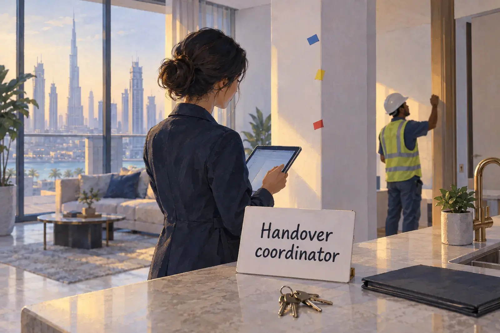 A handover coordinator with a tablet in a newly finished Dubai apartment, snag tape on a wall and keys on the counter, the words Handover coordinator on a card on the counter.