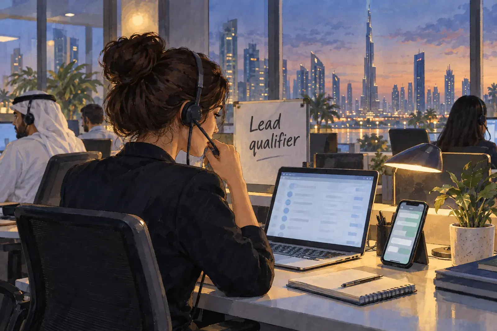 A lead qualifier with a headset at a Dubai brokerage in the evening, a queue of new enquiries on the laptop and chat bubbles on a phone, the words Lead qualifier on a whiteboard.