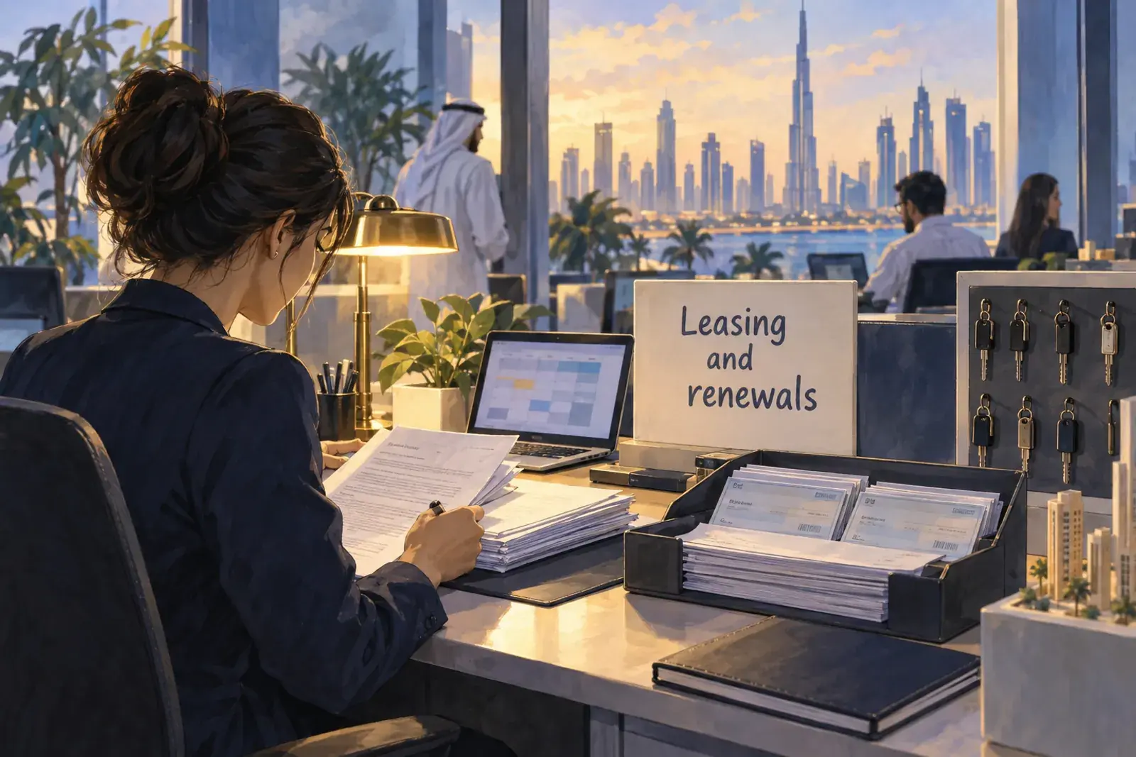 A leasing officer at a Dubai property management office with tenancy contracts and a tray of cheques, the words Leasing and renewals on a sign.