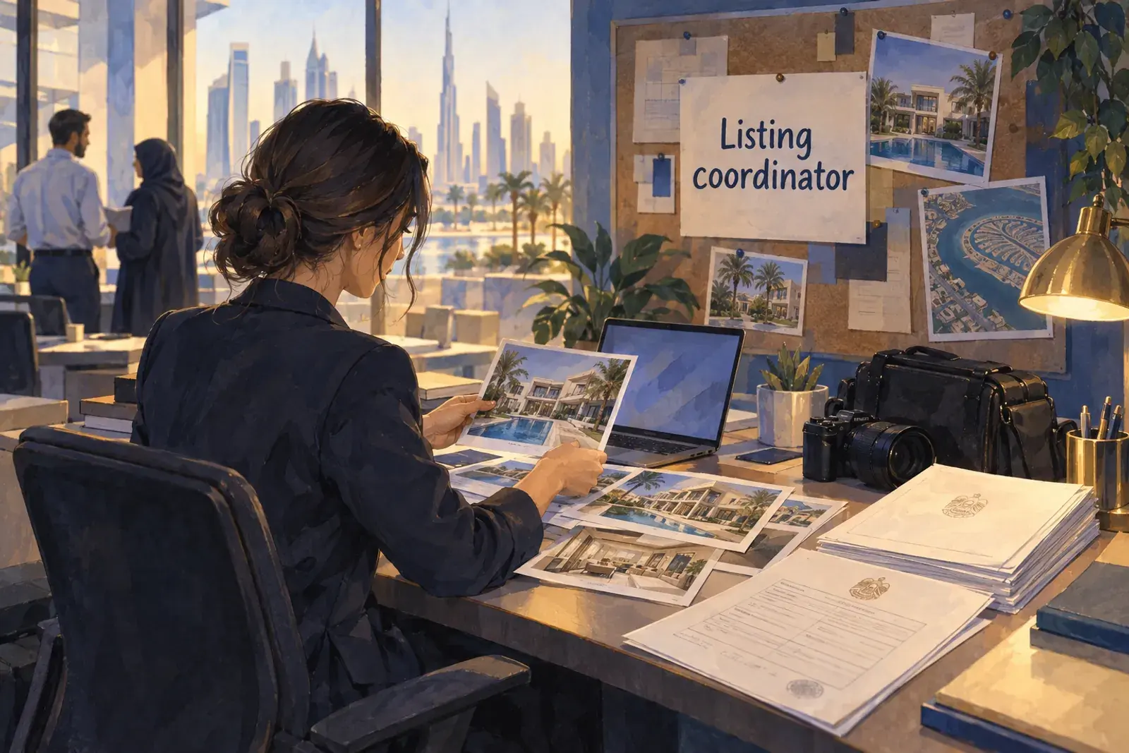 A listing coordinator at a Dubai brokerage with a laptop, printed title deeds and villa photos on the desk, the words Listing coordinator on a corkboard.