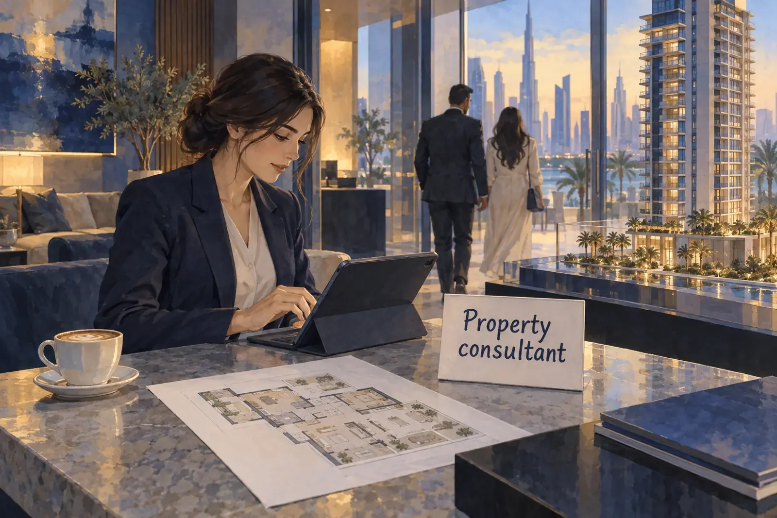 A property consultant typing notes on a tablet beside a tower model in a Dubai sales gallery after a viewing, the words Property consultant on a sign.