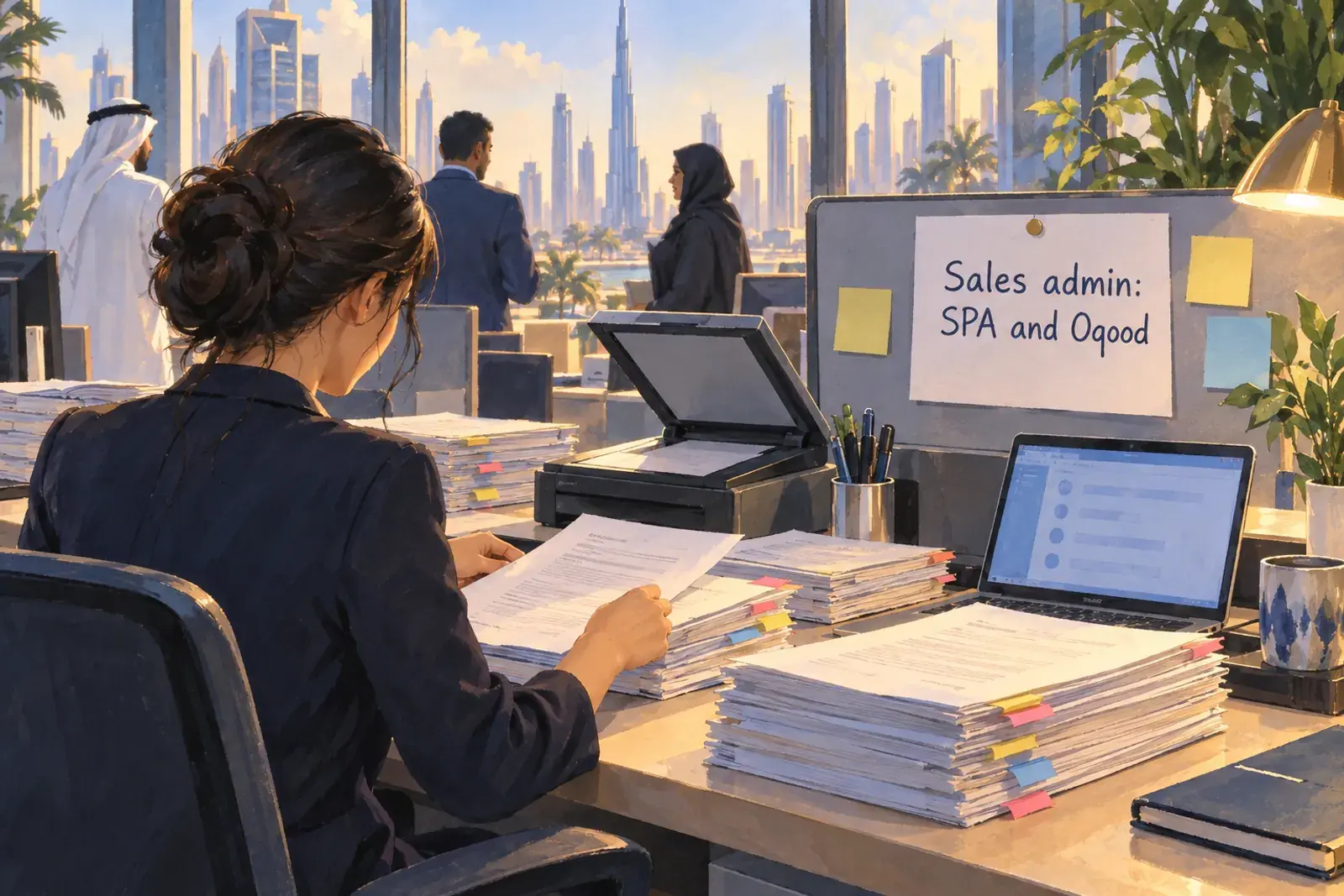 A sales administration desk at a Dubai developer with piles of signed purchase agreements, a scanner and a sticky-note board reading Sales admin: SPA and Oqood.