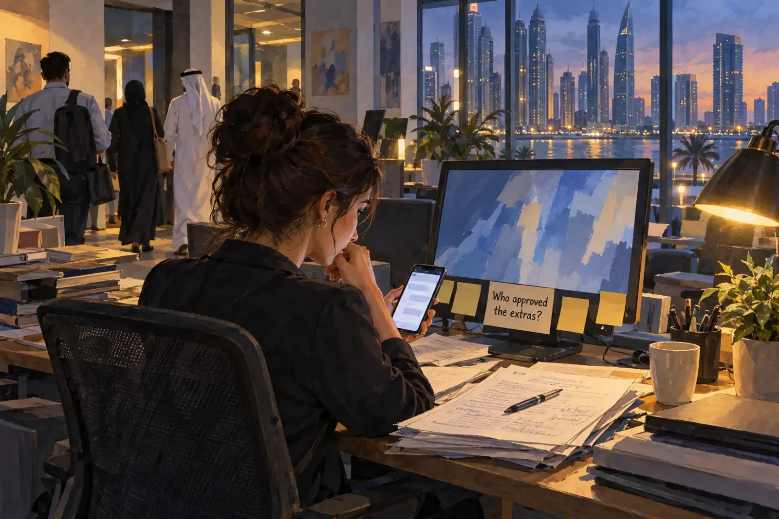 Painted scene: an account lead at a Dubai agency desk at dusk, scrolling a phone of chat messages beside a laptop and a sticky note reading “Who approved the extras?”