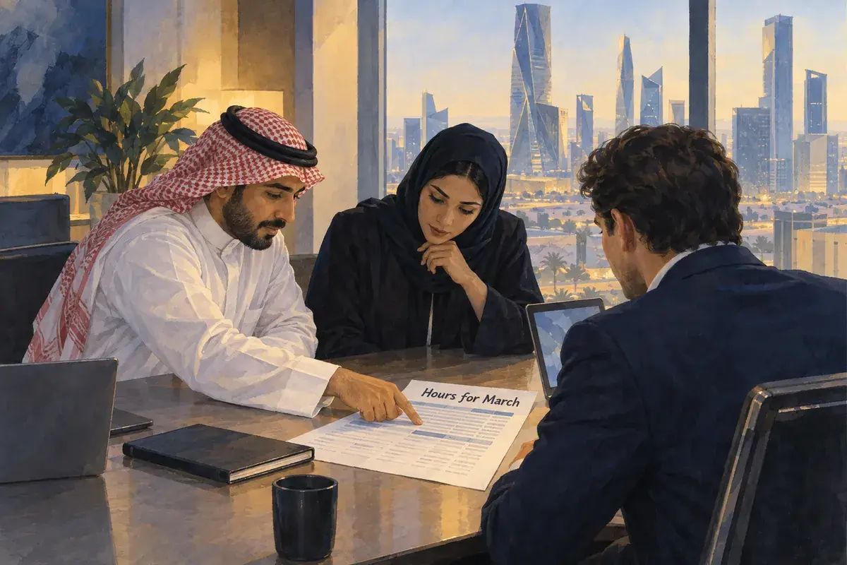 Painted scene: two consultants review a printed sheet reading “Hours for March” with a client project manager in a Riyadh office.