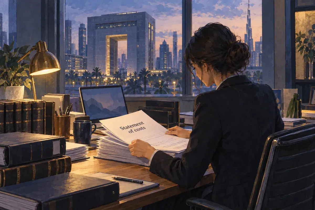 Painted scene: a lawyer at a desk in a DIFC office reviewing a printed sheet reading “Statement of costs”, with case files beside a laptop.