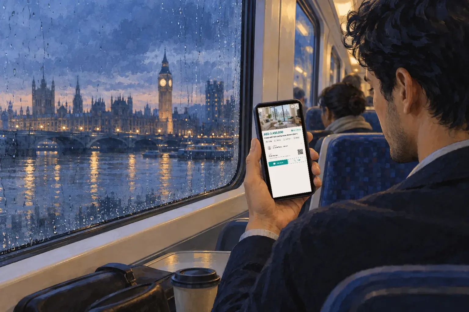 A man on an evening train beside the Thames looking at a property listing on his phone.